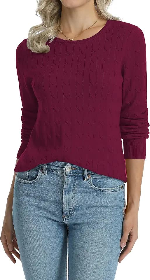 QUALFORT Womens 100% Cotton Cable Knit Sweaters Lightweight Pullover Tops