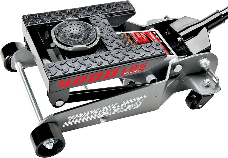 Powerbuilt 2 Ton Triple Lift Floor Jack, Lifts Cars, Trucks, Motorcycles, ATV's, Transmissions, Tie-Down Loops, Locking Safety Bar - 620422E