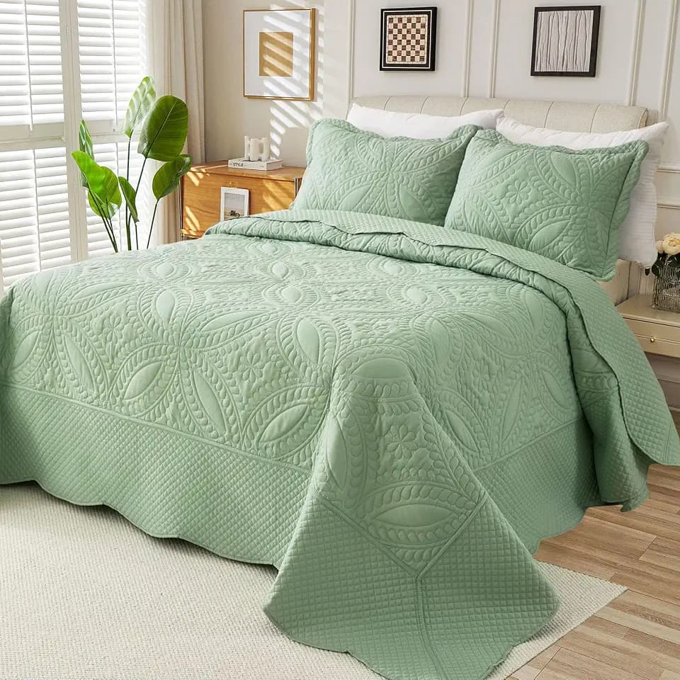 Cmfshape Oversize King Quilt Set Bedspread 114x102-Sage Green California King Quilts 3 PCS-Lightweight Quilted Bedding Extra Long-Paisley Pattern Coverlet for All Season Bohemian