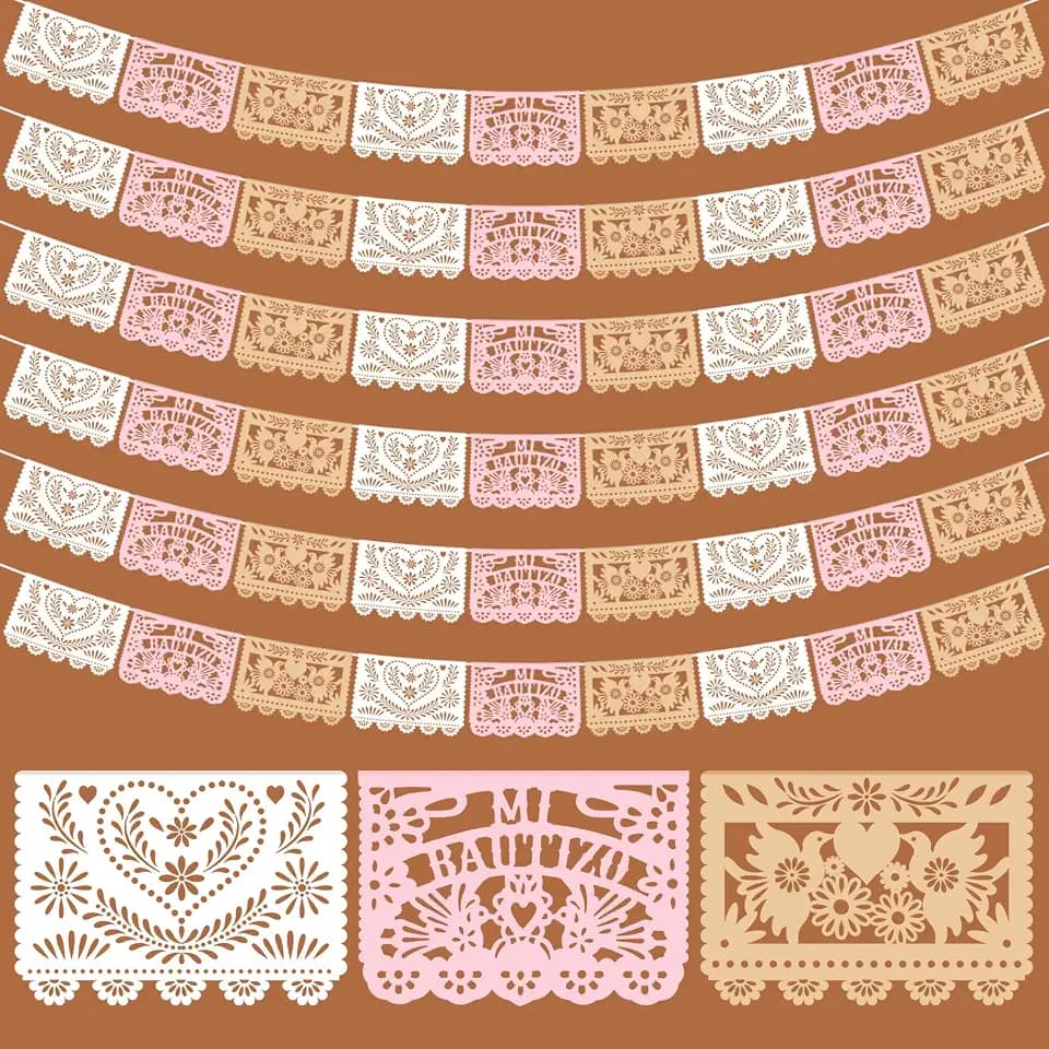 TaoBary 6pcs Mexican Papel Picado Banner 118ft, 3-color, Mi Bautizo