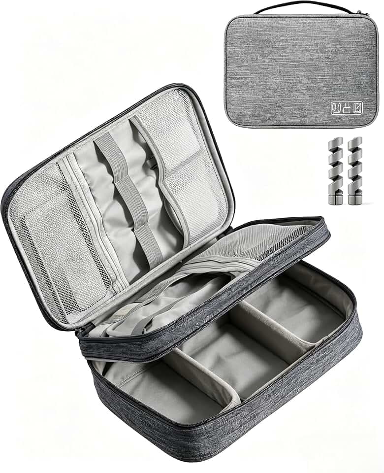 OrgaWise Elektronik-Kabeltasche, 3-lagiger Reise-Kabelorganizer, Grau