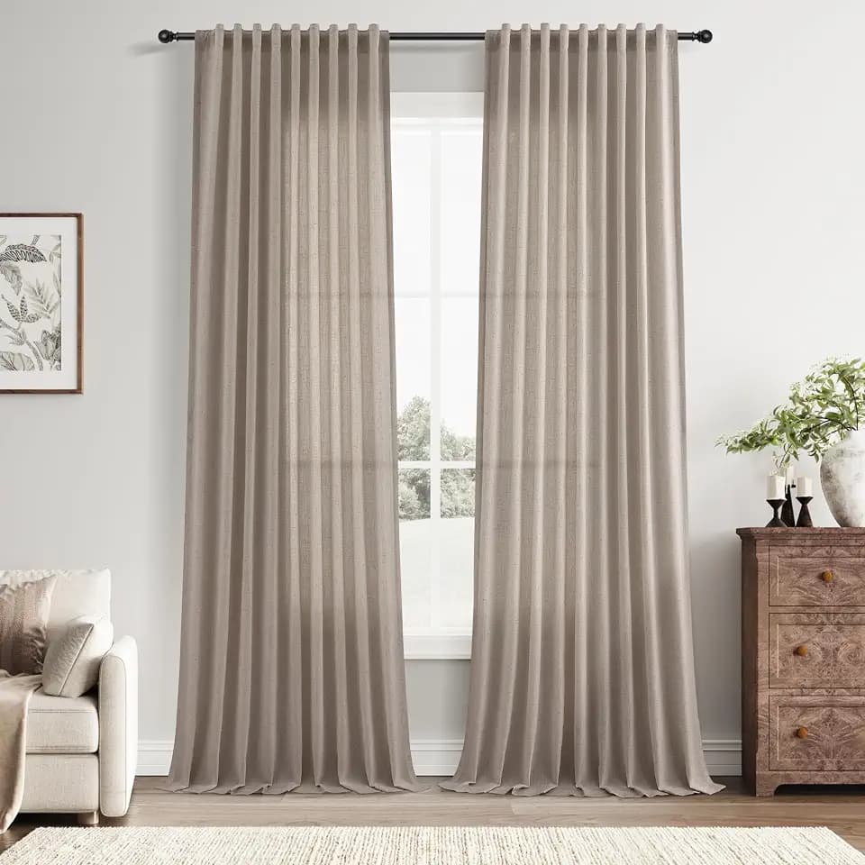 Nanspring Linen Curtains 90 Inch Long for Living Room Hook Belt Ecru