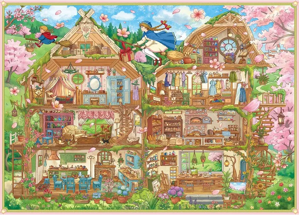 HUADADA Puzzle für Erwachsene 1000, Magisches Hexenhaus Kirschblüten-Szene, künstlerische Wanddekoration, ideales Urlaubs- & Geburtstagsgeschenk