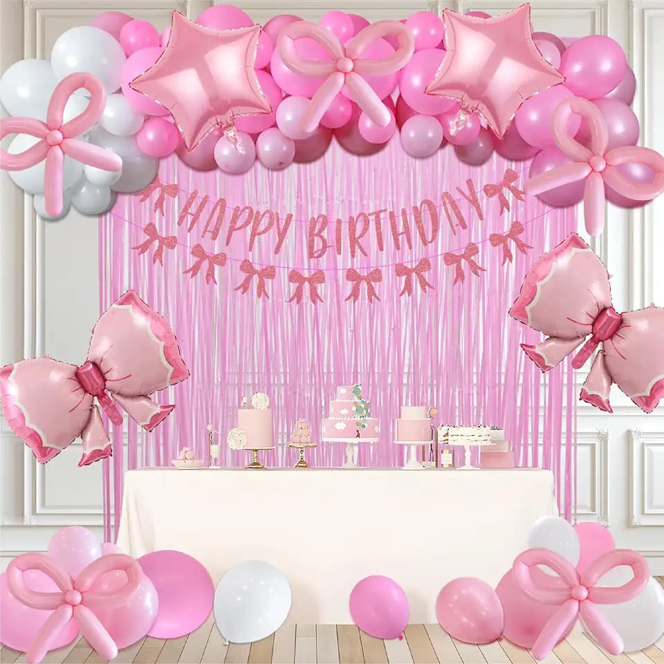 Pink Bow Birthday Party Decorations for Girl Women, Balloon Arch Kit Include Pink and White Bow Balloons Happy Birthday Banner Fringe Curtain Coquette Party Decorations