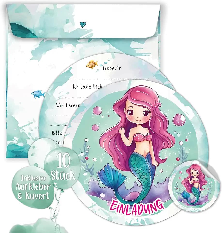 TOBJA Magische Einladungskarten Meerjungfrau | Einladungskarten Geburtstag 15 cm runde Mädchen Partyeinladungen | 10er Set mit Umschlägen & Stickern | Einladungskarten Kindergeburtstag (Meerjungfrau)
