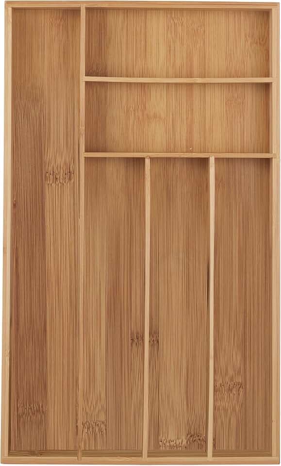 Relaxdays Besteckkasten, 6 Fächer, Bambus, Besteck & Küchenutensilien, Schubladenkasten schmal, 5 x 27,5 x 46 cm, Natur, Holz, Bamboo