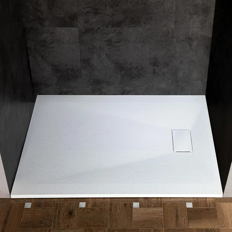 Woodbridge 47.25 in L x 31.5 in W Zero Threshold End Drain Shower Base with Reversible Drain Placement, Matching Decorative Plate and Tile Flange, Wheel Chair Access, Low Profile, White