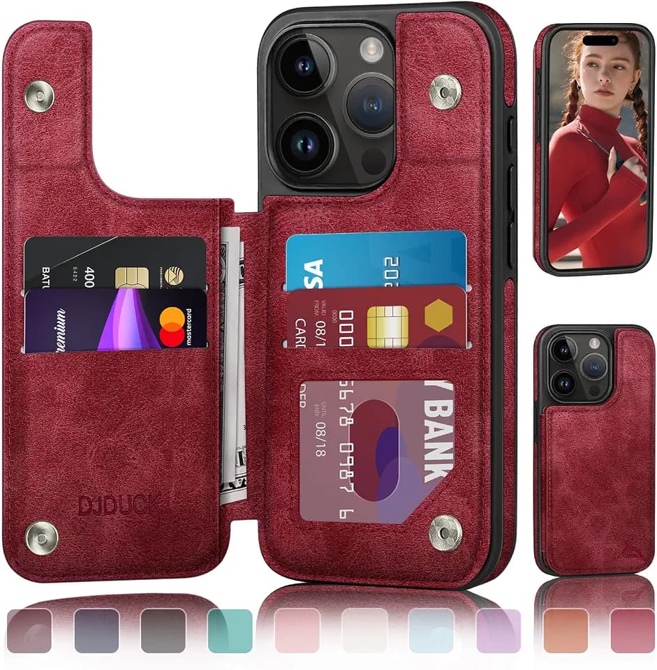 DJDUCK Designed for iPhone 15 Pro Max Case Wallet with Card Holder, [Magnetic Clasp Cover][RFID Blocking Leather Protection] Shockproof Women Men Cases 6.7 Inch for Apple 15 ProMax Red