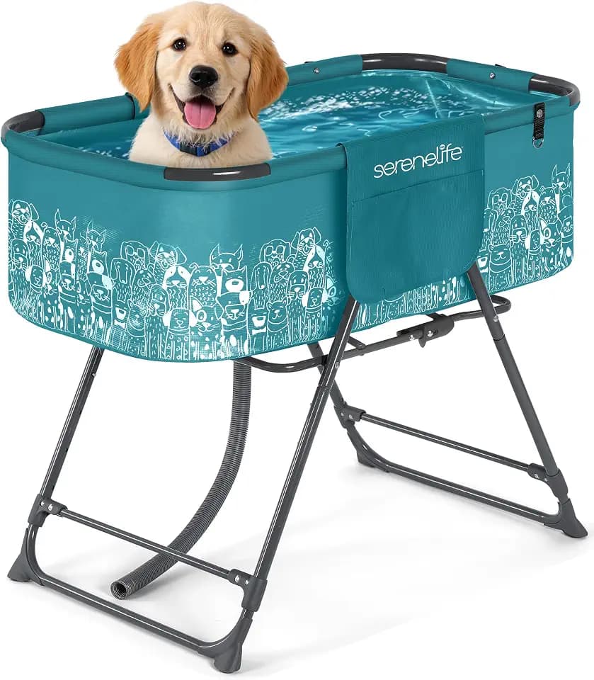 SereneLife Foldable Dog Bath Tub with Adjustable Height, 360° Access, Drain Hose & Storage Pockets – 130 lb Capacity Grooming Station for Indoor/Outdoor Use (Blue)