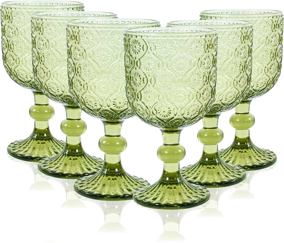 CHLJAR Grüne Vintage-Weingläser, 6er-Set Kelchgläser, 400 ml, grüne Weingläser, Vintage-farbene Kelchgläser für Hochzeiten, Partys, Rotweingläser, Bars, Restaurants, spülmaschinenfest (A-Grün)