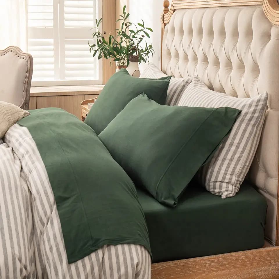 PURE ERA Jersey Knit 4pc Bed Sheet Set 100% T-Shirt Cotton Super Soft Comfy Breathable Fits Mattress Up to 20" Extra Deep Pocket (Solid Forest Green, Queen)
