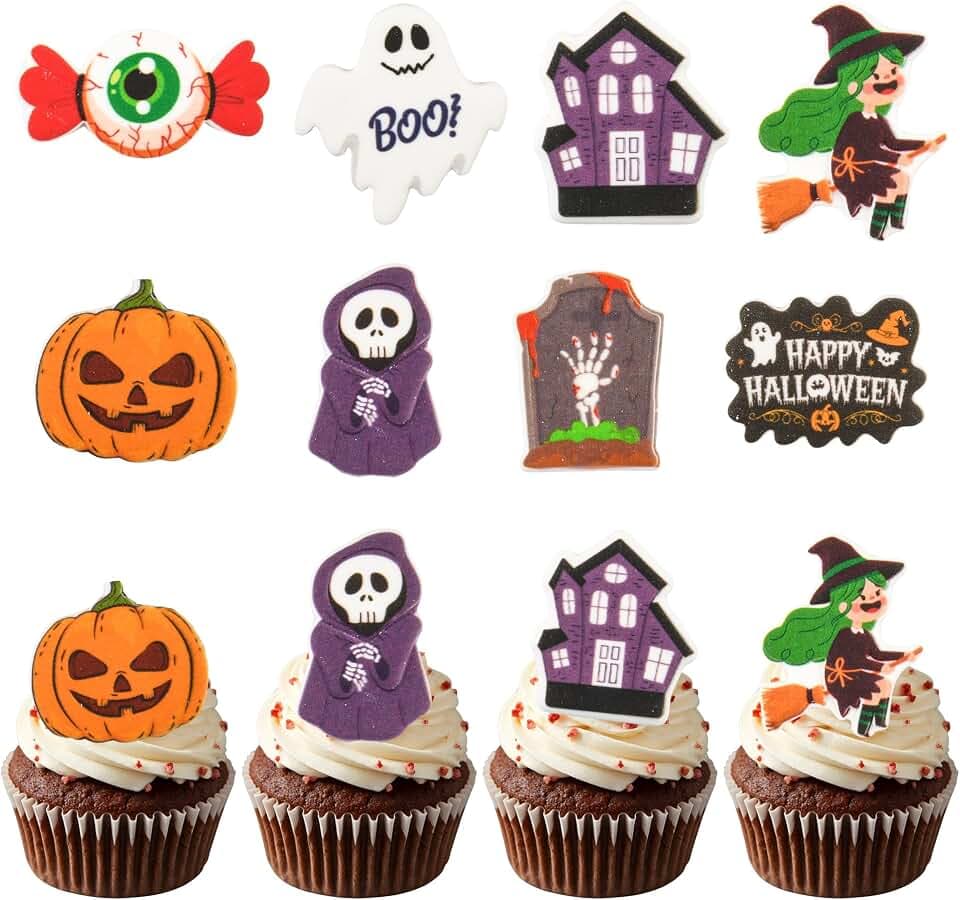 Edible Cake Toppers 16 pcs: Halloween Cookie Decorations, Edible Halloween Ghost, Witch, Eyeball, Pumpkin, Tombstone, Skull Ideal for Cake Decorating, Baking, Cupcakes, Macaron, Ice Cream Topping