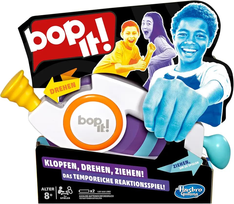 Hasbro Gaming Bop It Elektronisches Spiel, Familienspiele für Partys und Spieleabende, Einzel- oder Multiplayer-Modus, Spaß mit Freunden und Familie, Partyspiel für Kinder ab 8 Jahren