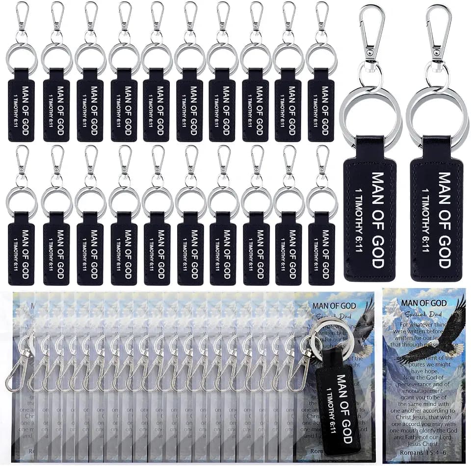 24 Sets Man of God Keychain Gifts Bulk Christian Bible Verse Leather Keychains with Gift Card and Bag