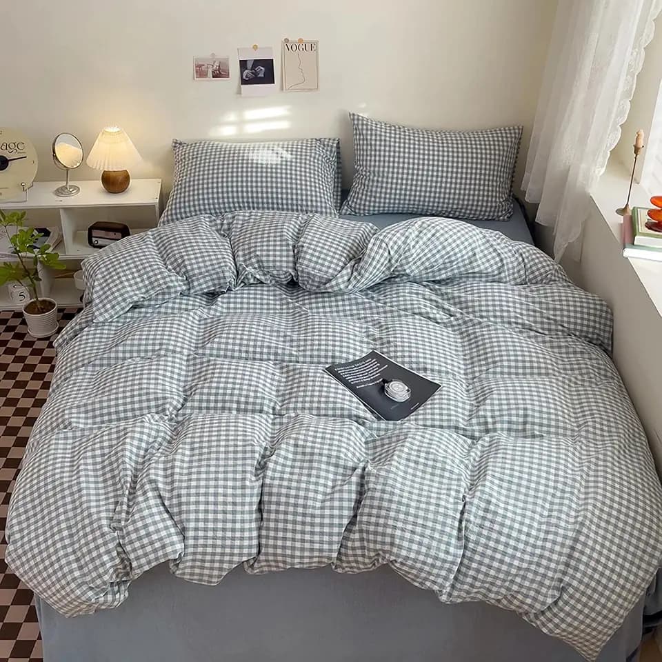 DONEUS Blue Gingham Duvet Cover Set 100% Washed Cotton Linen Like Queen
