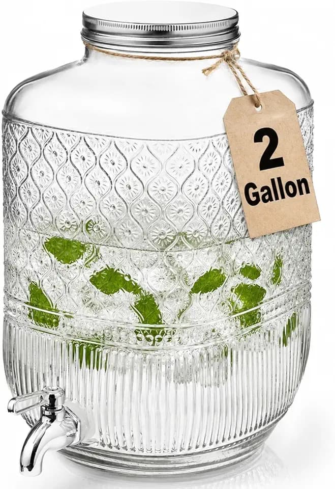 Godinger Drink Dispenser 2 Gallon, Large Glass Water Dispenser - (256oz) Clear