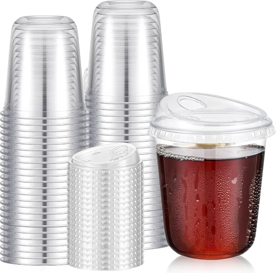 Ziliny 50 Sets Plastic Coffee Cups with Sip Lids, Clear, 14 oz