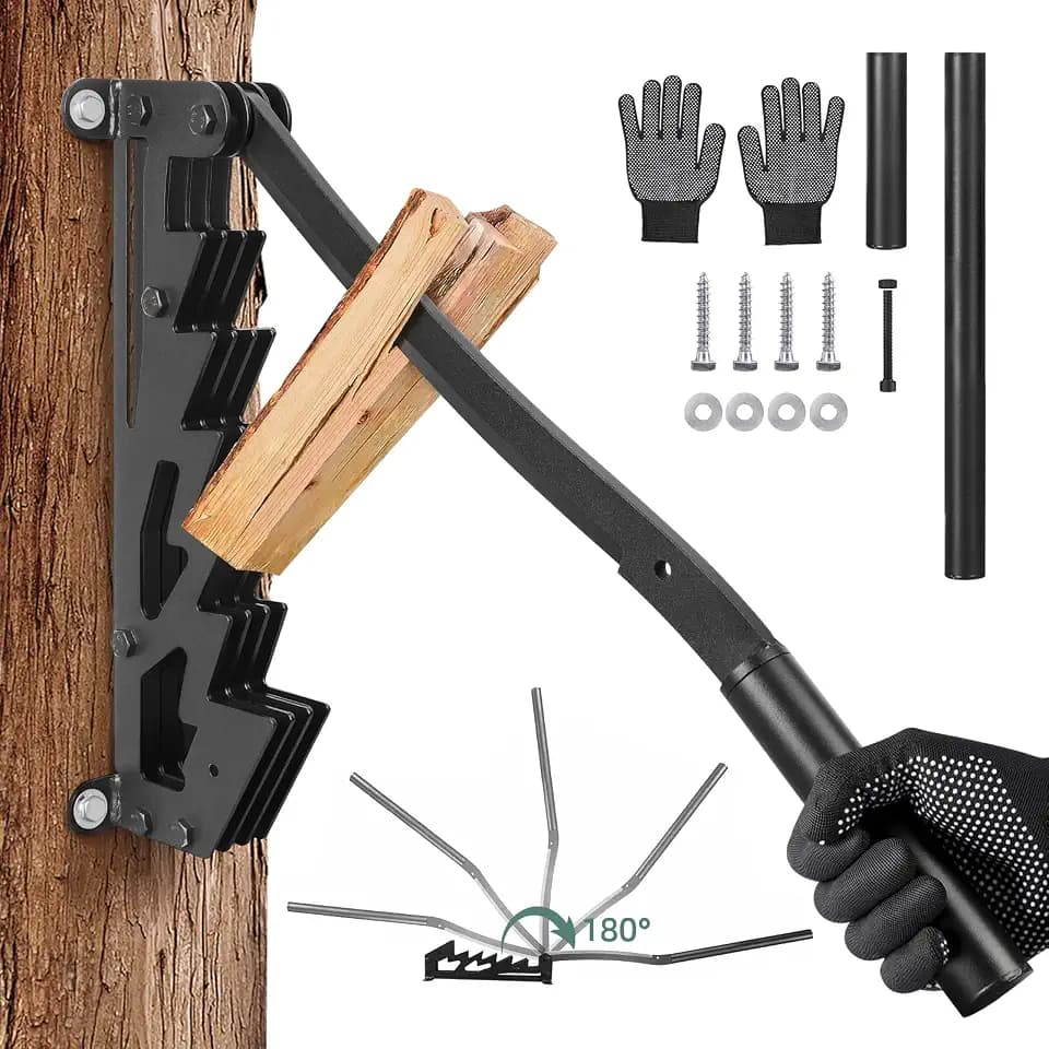 Wall Mounted Wood Splitter: Dual-Handle Manual Kindling Splitter with 6-Tooth Clamping, Heavy Duty Steel Log Splitter for Soft Firewood, Includes Gloves and Screws for Indoor and Outdoor Use
