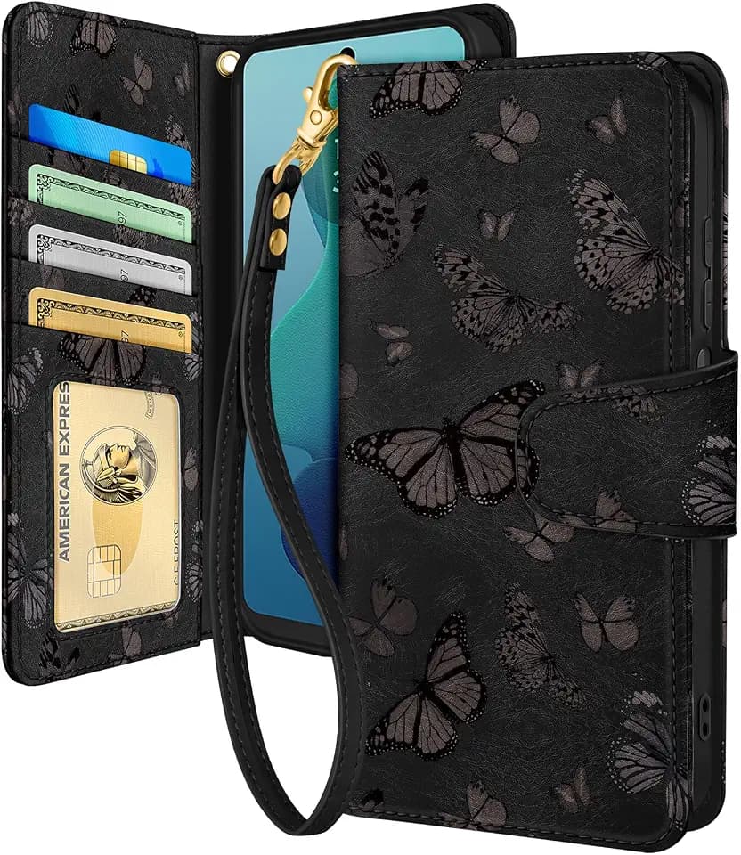 Toycamp for Moto G 5G 2024 Wallet Case with Wrist Strap - Leather Flip Folio Phone Case with RFID Blocking 4 Card Holder for Motorola G 5G 2024 Funda Cute Aesthetic for Women Ladies, Black Butterflies