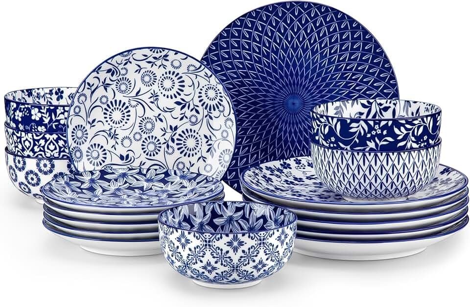 vancasso Geschirrset 6 Personen, Serie SELENE 18-tlg Hochwertiges Keramik Geschirr set Tafelservice aus Porzellan Blau-Weiß Geschirrsets mit Speiseteller, Dessertteller und Schüsseln