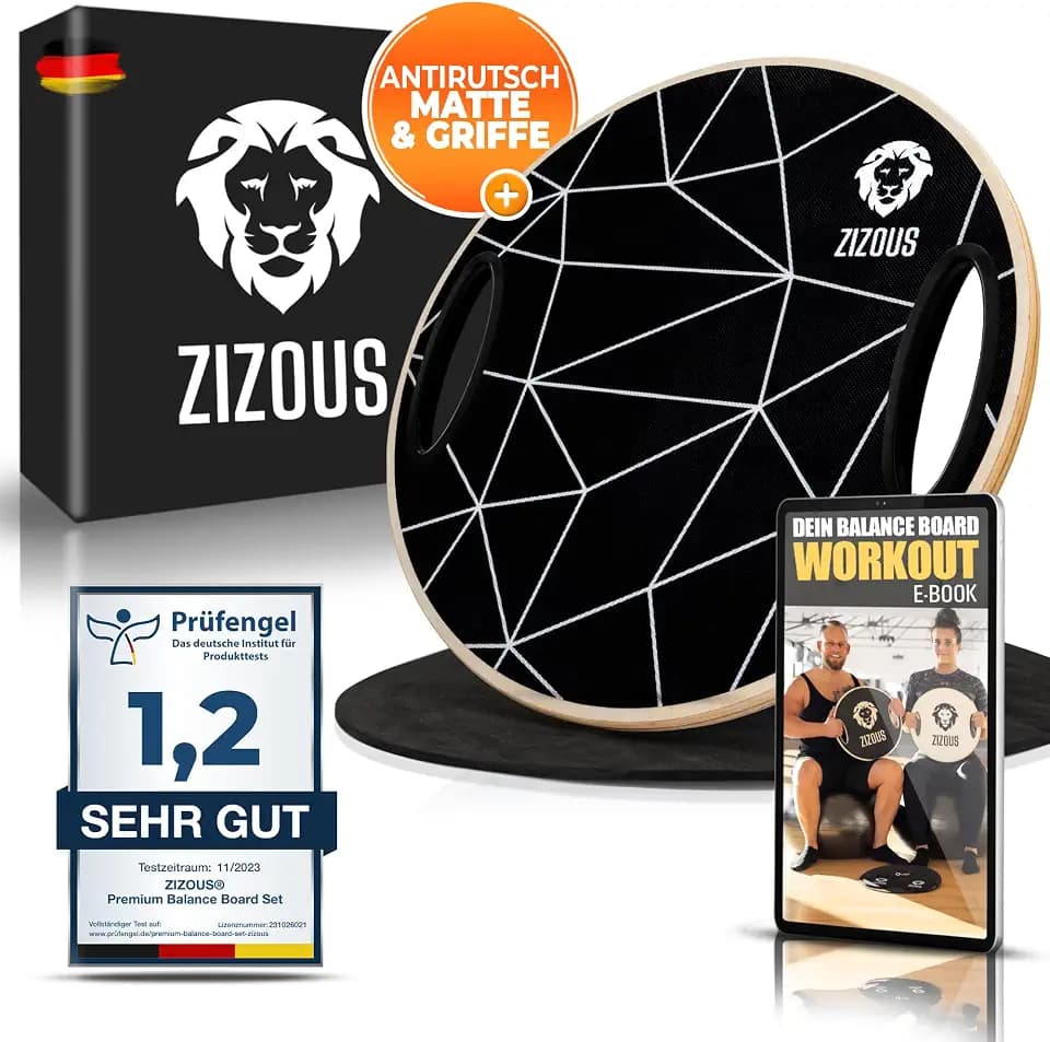 Premium Balance Board TESTSIEGER Komplettset - Hochwertiges Wackelbrett inkl. Antirutschmatte - Gleichgewichtstrainer mit Handgriffen - Balance-Board mit Ebook