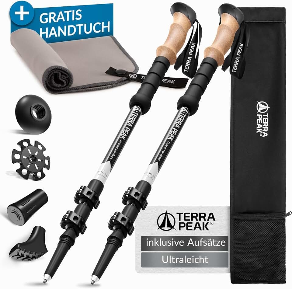 Terra Peak® Premium Wanderstöcke Teleskop ultra-leicht, ausziehbar aus Carbon o. Aluminium INKL. Mikrofaser-Handtuch - Damen & Herren Trekkingstöcke & Nordic Walking Stöcke mit Gummipuffer verstellbar