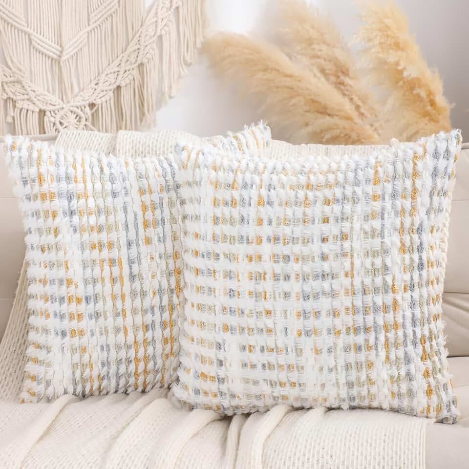 LUOYEHK Boho Throw Pillow Covers 20x20 Inch Set of 2 Chenille Tufted Pillowcase Farmhouse Neutral Cushion Covers for Couch Sofa Bed Living Room, Yellow White