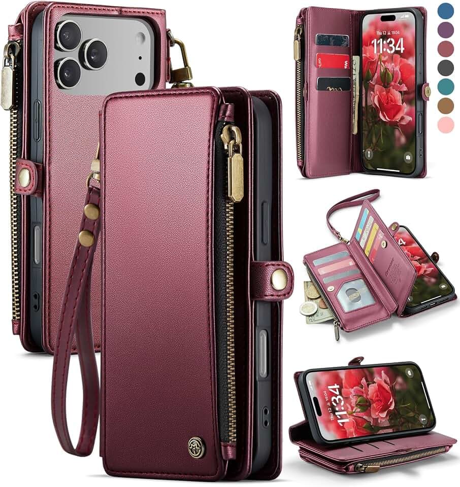 Defencase for iPhone 17 Pro Max Wallet Case with RFID Card Holder, Wine Red