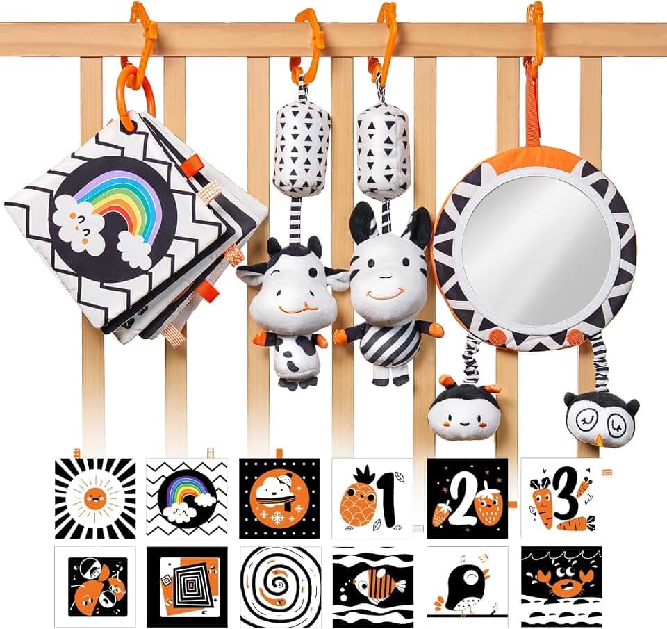 TUMAMA Kontrast Schwarz Weiss Baby Kinderwagen Spielzeug ab 0 2 3 4 6 8 9 Monate, 4pcs Kontrastbuch Fühlbuch Baby Buch, Spielbogen Anhänger Rassel Greifspielzeug mit Stoffbuch Knisterbuch Geschenk