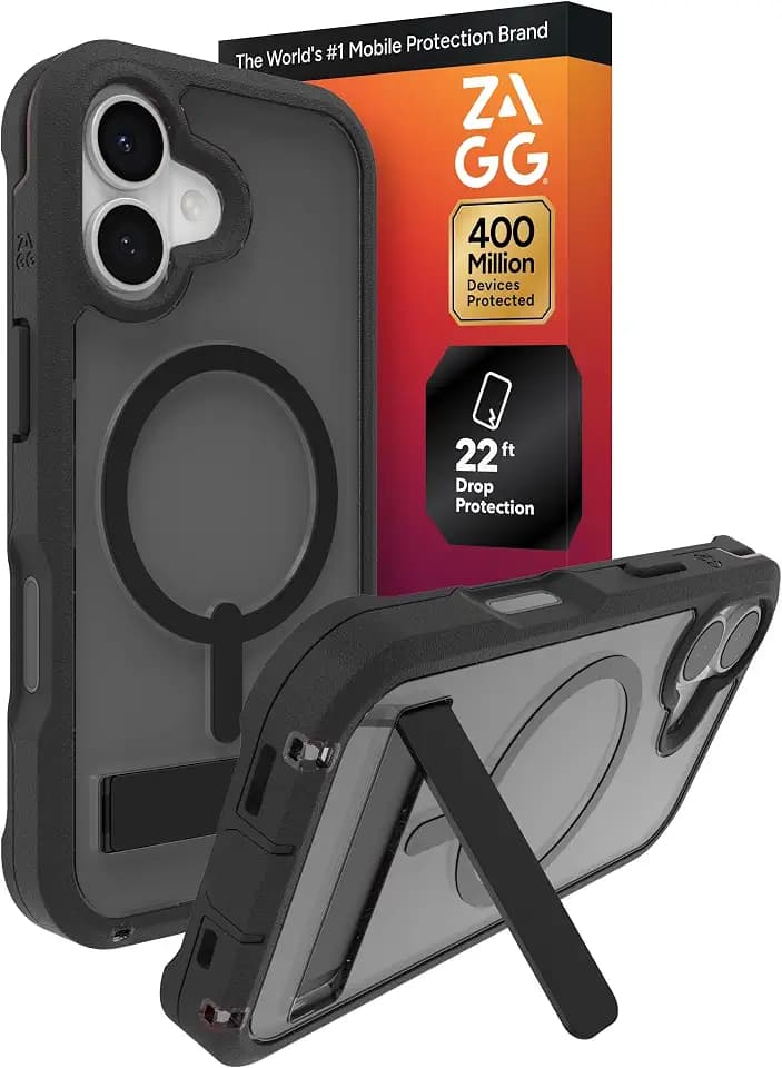 ZAGG Rainier Case with Kickstand for iPhone 17 - Smoke Black, Graphene 22ft (7m) Drop Protection, Lanyard Attach Points, MagSafe, Wireless Charging Compatible, 2-Piece Design, Phone Case