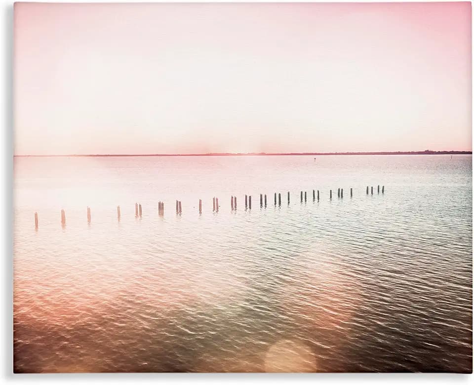 Stupell Industries Sunny Pink Ocean Posts Horizon Round Light Rays, Design by Amy Brinkman, 20 x 16, Pink