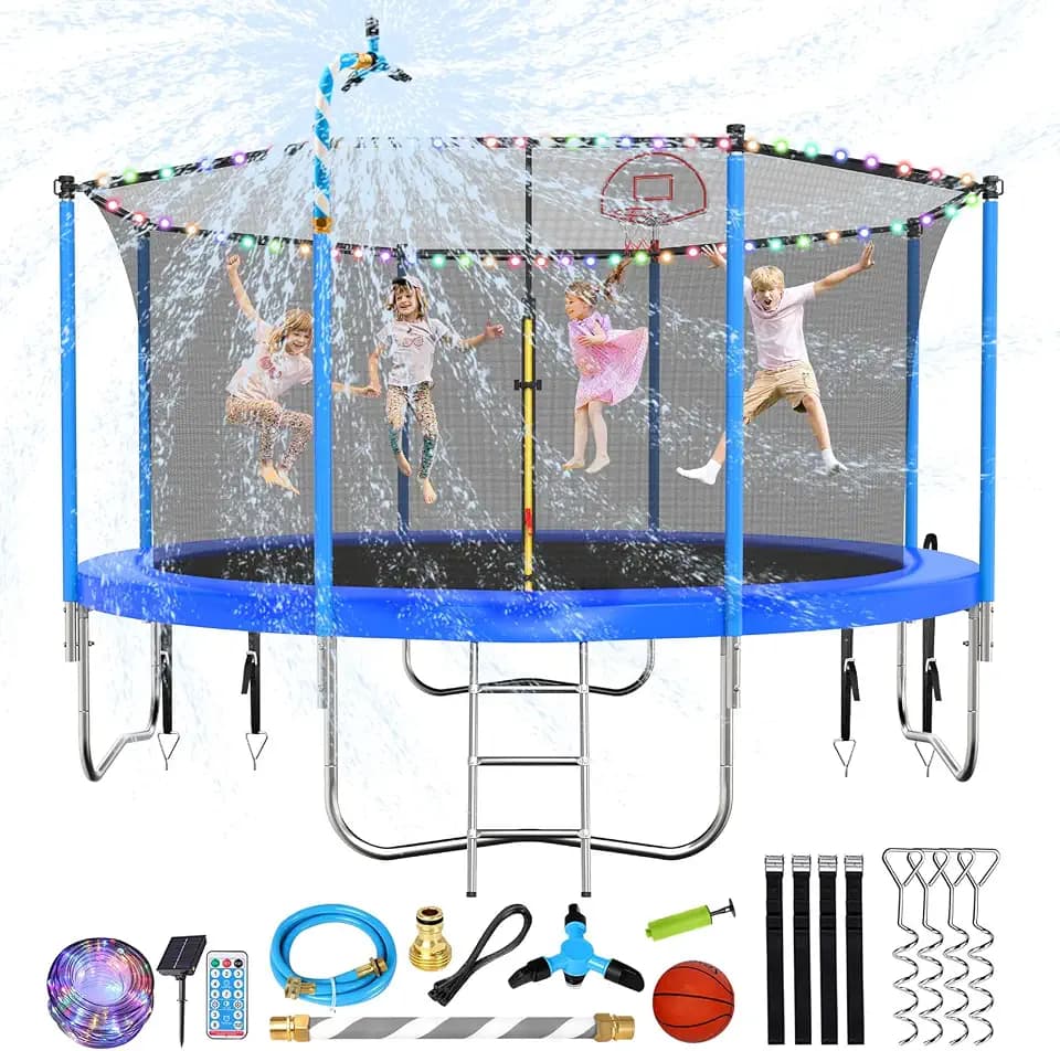 Lyromix 10 12 14 16FT Trampoline Outdoor, Light/Sprinkler/Basketball Hoop