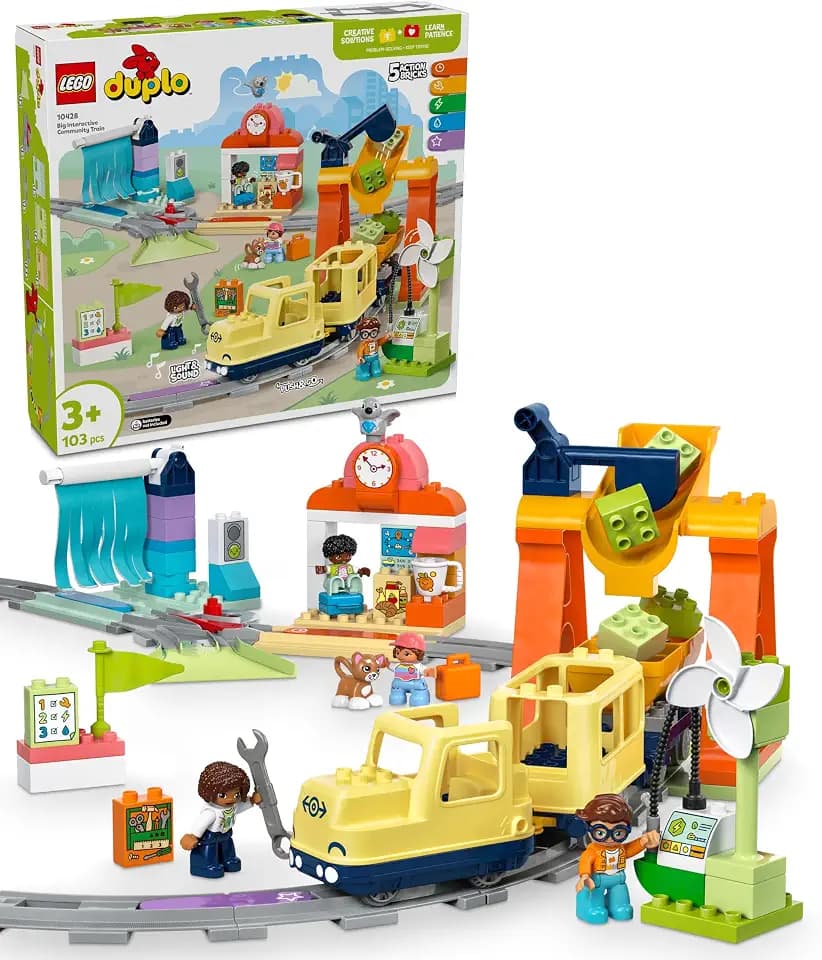 LEGO DUPLO Große interaktive Eisenbahn -Lernspielzeug für Kleinkinder ab 3 Jahren – inkl. Schieb-und-los-Zug mit Licht und Sound, 16 Gleisstücke & 4 Figuren – Geschenk für Jungen & Mädchen - 10428