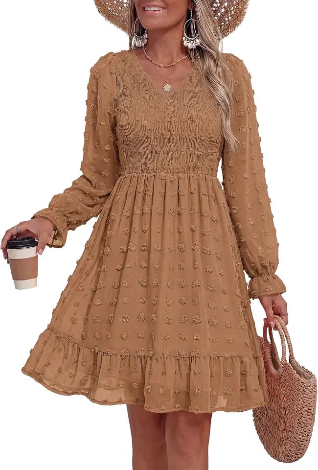 BTFBM Women's Swiss Dot Flowy Long Sleeve Dress