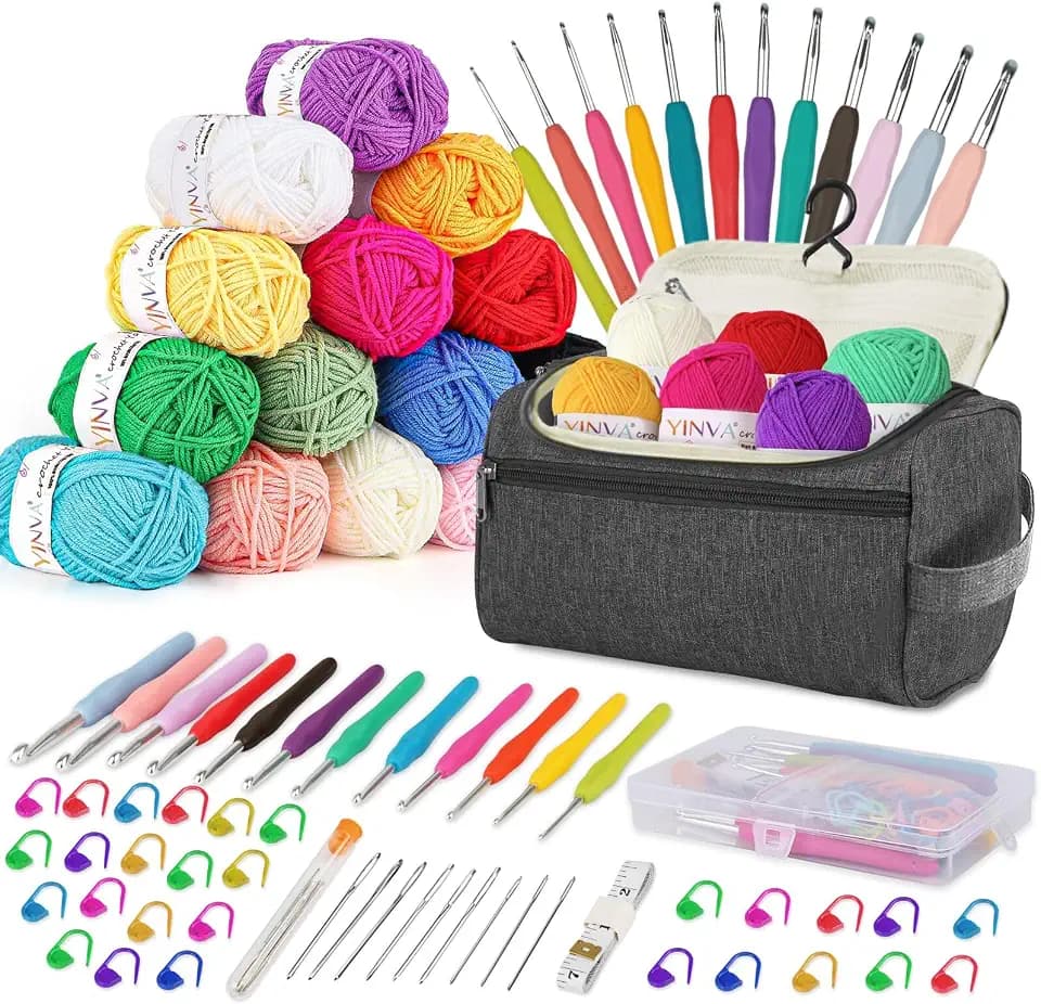 YINVA Beginners Häkelset für Anfänger Häkelnadel Set 15Pcsx25g Häkelgarn 2mm-8mm Ergonomische Häkelnadeln Crochet Set Stricken für Anfänger Set Tragbaren Tasche Strickzubehör(Grau)