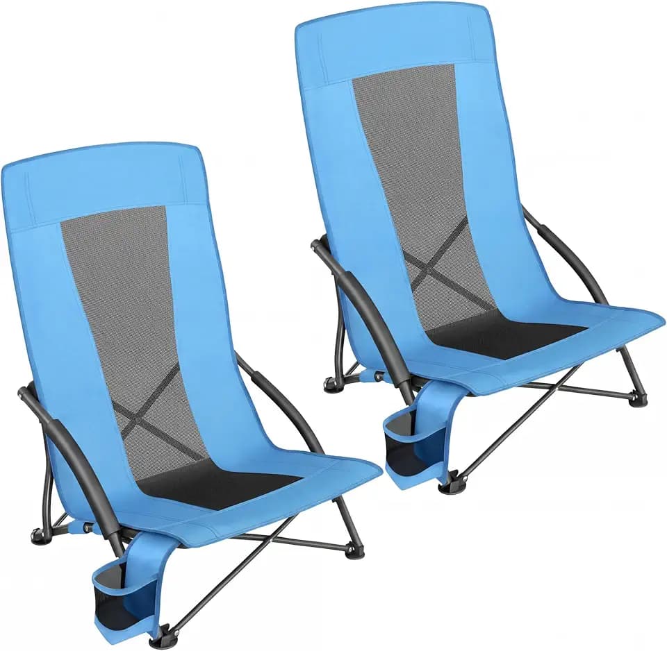 SONGMICS Set of 2 Portable Beach Chairs, High Backrest, Cup Holder
