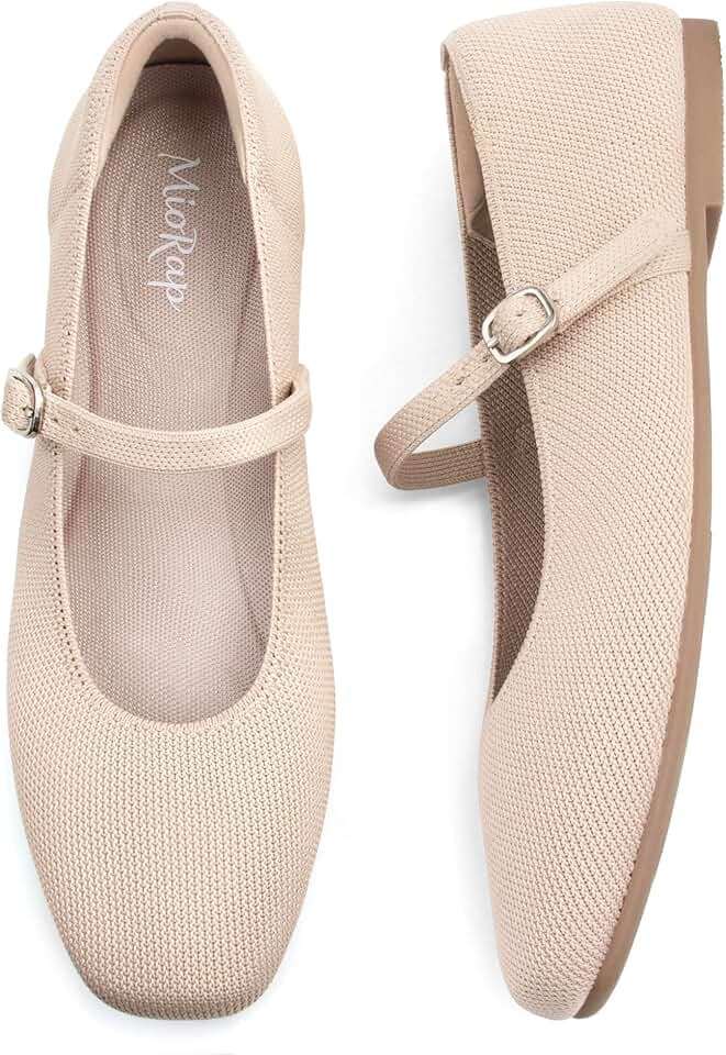 Square Toe Mary Jane Flats for Women Dressy Comfortable Knit Ballet Flat Adjustable Strap for Work