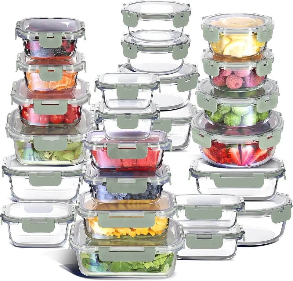 Nestl 48pc Glass Storage Containers with Lids, 24 Glass Food Storage Containers with 24 Airtight Lids for Pantry & Kitchen, Meal Prep Containers for Lunch, Oven Microwave & Dishwasher Safe, Sage Green