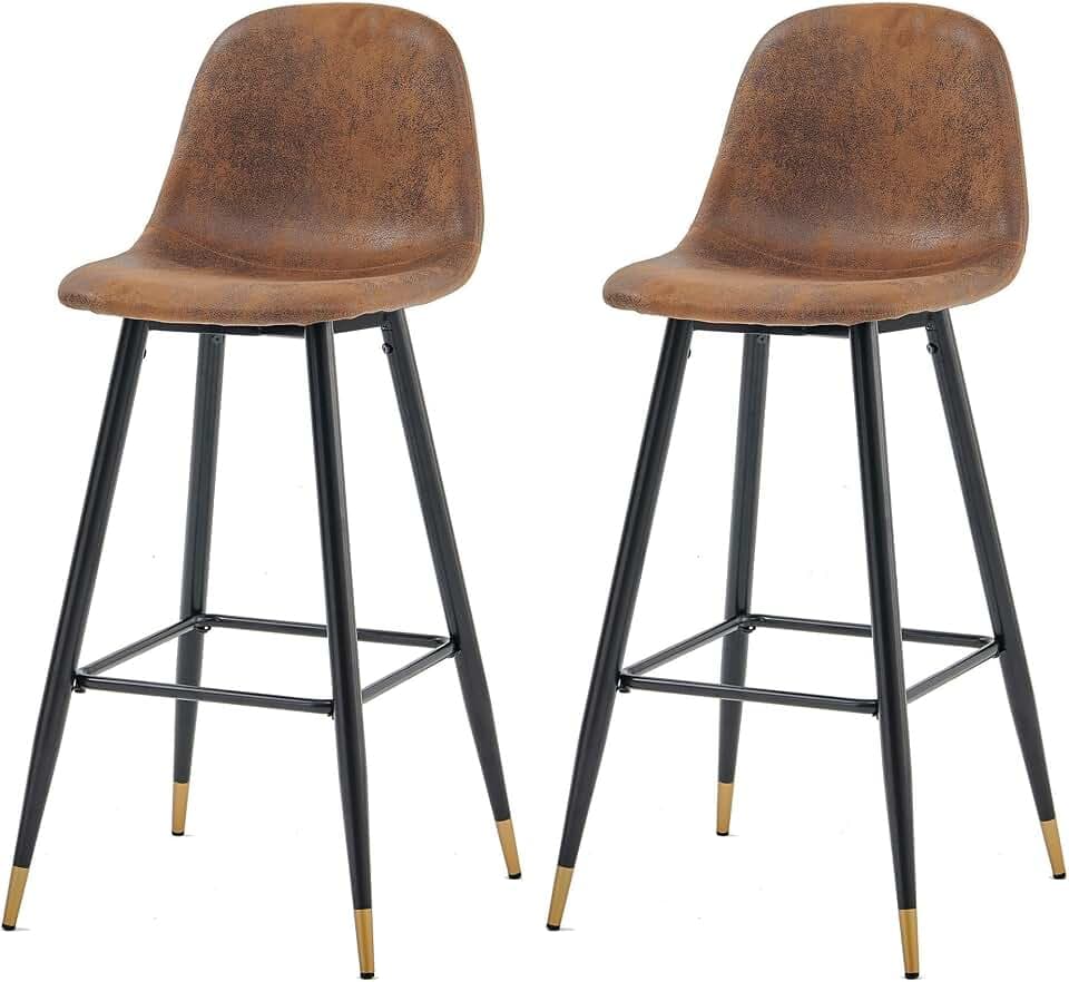 MEUBLE Cosy Barhocker 2er Set Barstuhl Vintage mit Lehne und Fußstütze Sitzhöhe 76 cm aus Wildleder Metallbeine für Bar Bistro Café Küche, Kunstleder, Industrie-Design, Braun + Goldfarben