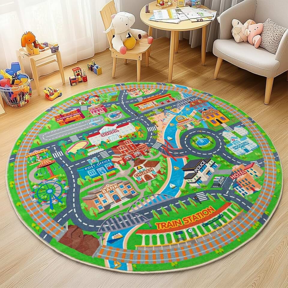 Car Rug Play Mat for Kids, 47" Round Playmat for Kid Bedroom