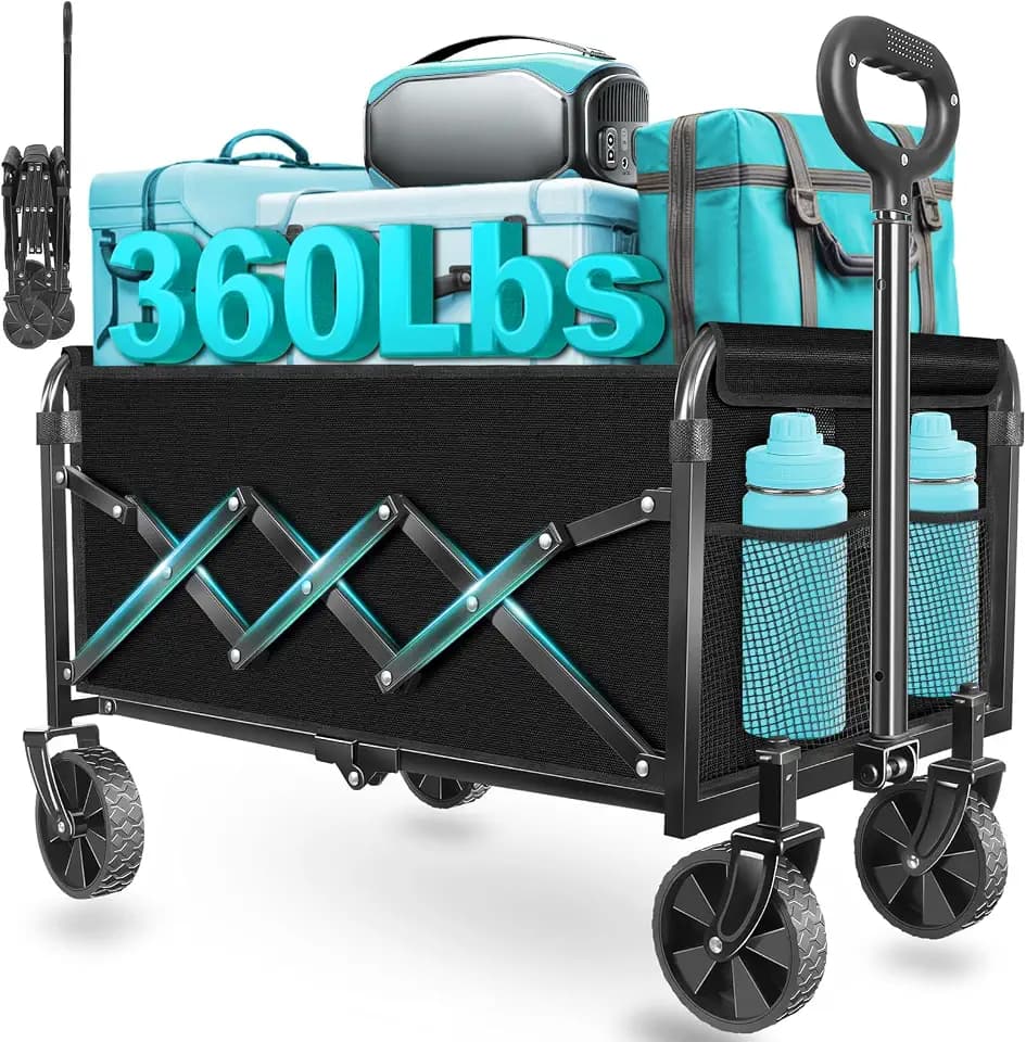 Collapsible Wagon Cart with Wheels, Compact 360 lb Folding Cart, Jet Black