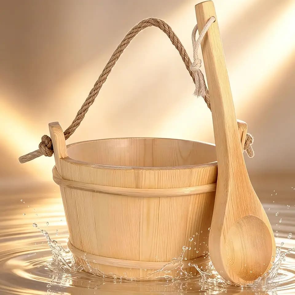 5L Natural Solid Pine Wood Sauna Bucket Handcrafted Ladle Set for Steam Spa Room