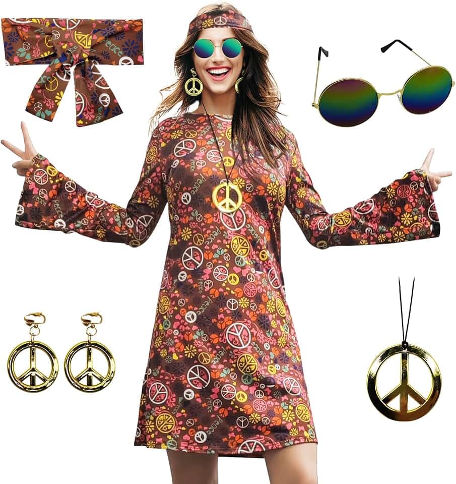 Damen-Hippie-Kleid, 1970er-Kostüm, mit Halskette, Ohrringen, Sonnenbrille, Disco-Outfit, 1960er-Party-Kostüm, Halloween Retro-Kleid