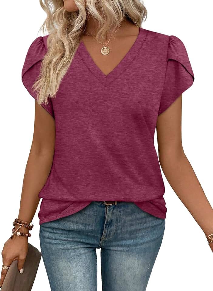 WIHOLL Womens Tops V Neck Summer Petal Sleeve Casual Tshirts