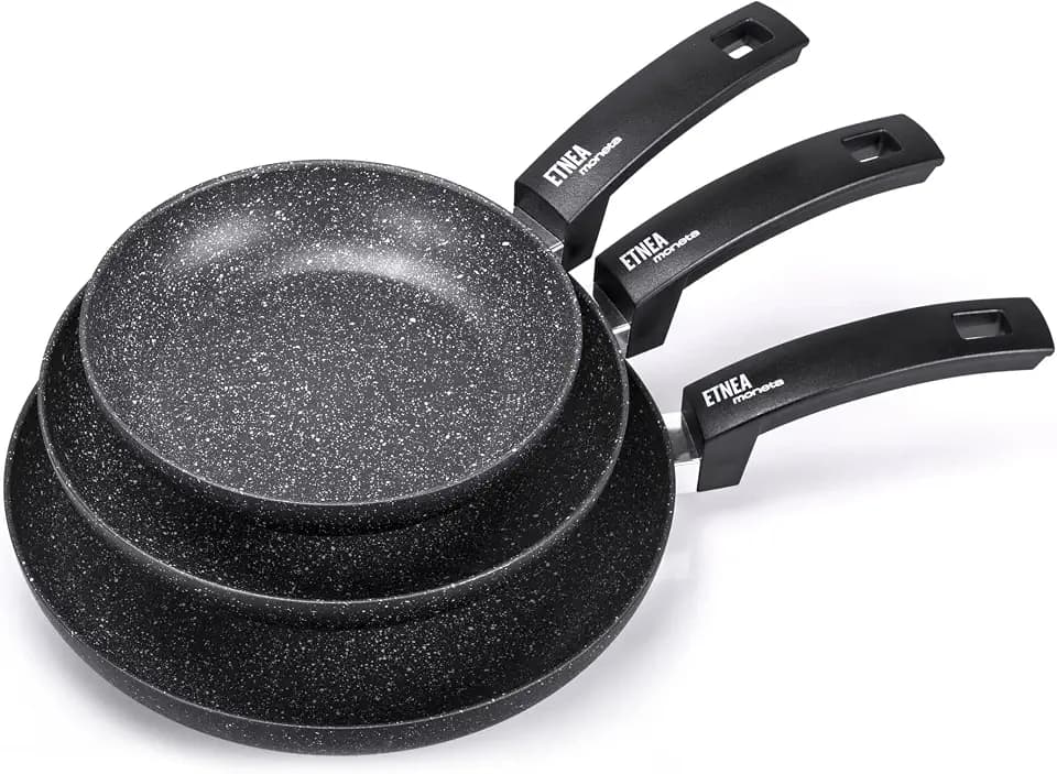 Moneta Etnea Set mit 3 induktiven Bratpfannen, antihaft- und kratzfest, für alle Herdarten geeignet, spülmaschinengeeignet, 20, 24, 28 cm, 3 Stück, Schwarz - Stein Optik