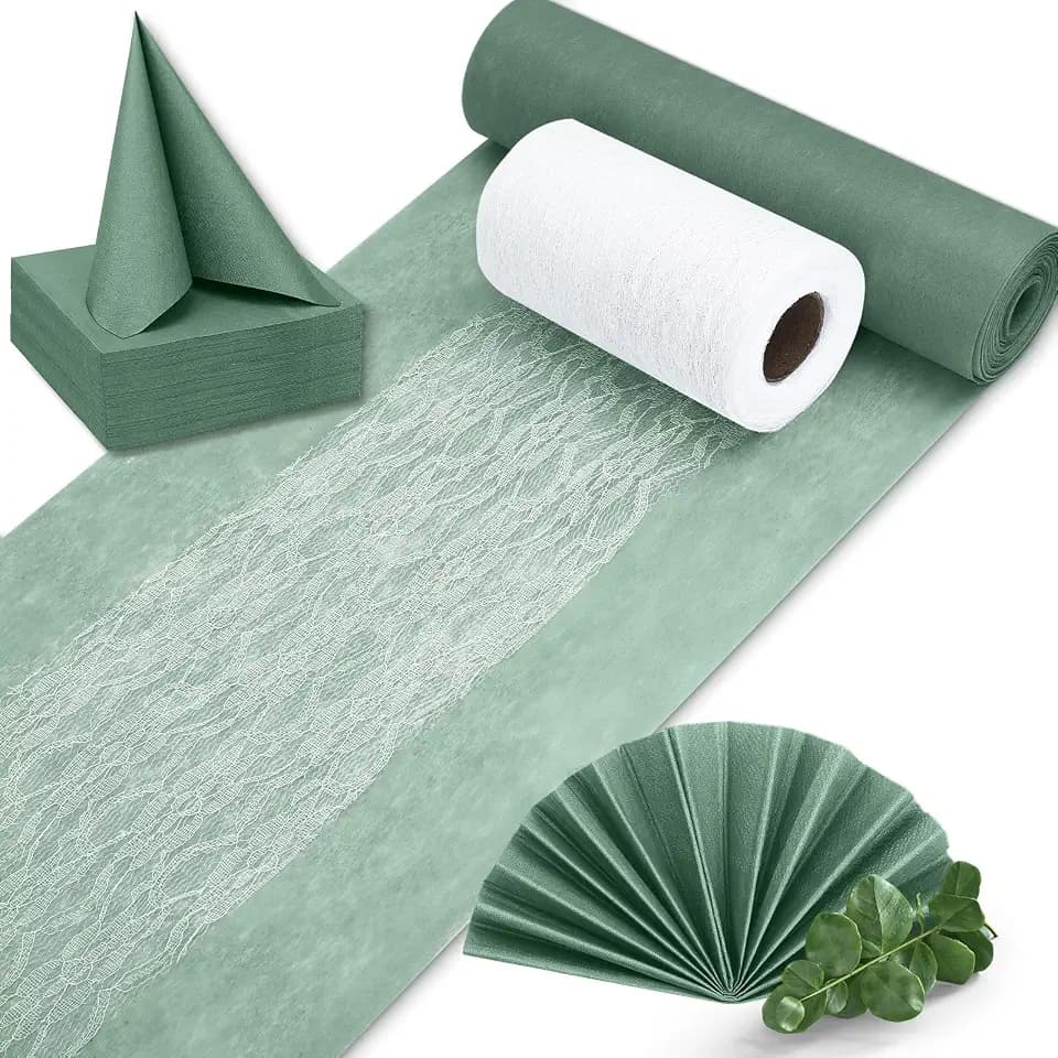 Vlies Tischläufer in Eukalyptus Grün 30 cm x 30 m, Weiße Dekorative Spitzenbänder & Servietten Eukalyptusgrün, Tischdeko Set für Taufe, Kommunion, Geburtstag und Hochzeit