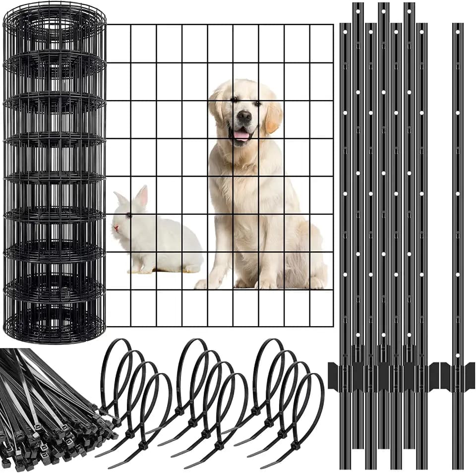 109 Pcs Black PVC Coated Wire Fence 2 x 50 ft, 2 x 3 Inch 16ga, Garden Fencing Roll and 3 ft Metal Fence Garden Fences T Posts and 8 in Zip Ties Cable Ties for Lawn Poultry Plant