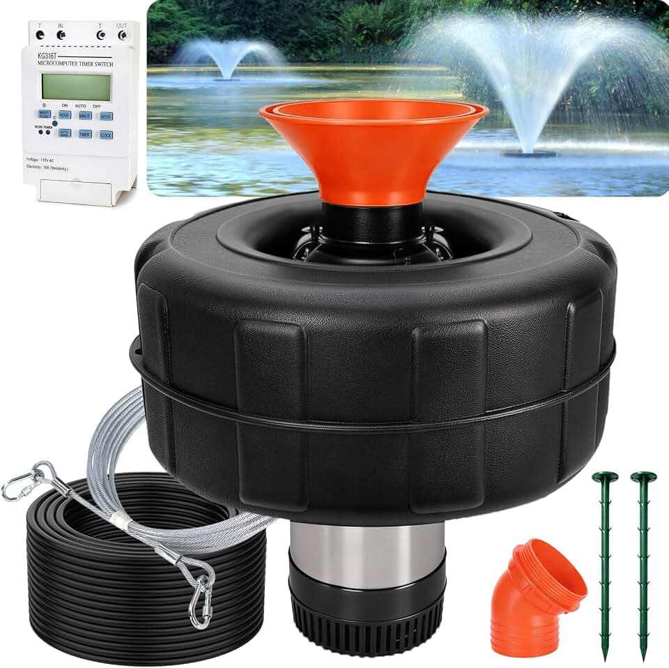 Pond Fountain Aerator,1HP,750W,15000GPH,304 Stainless Steel Fountain Pump,Upgraded150 ft Steel Cables x2,with 100FT Power Cord and Timer,Floating Pond Aerator for Ponds & Lakes