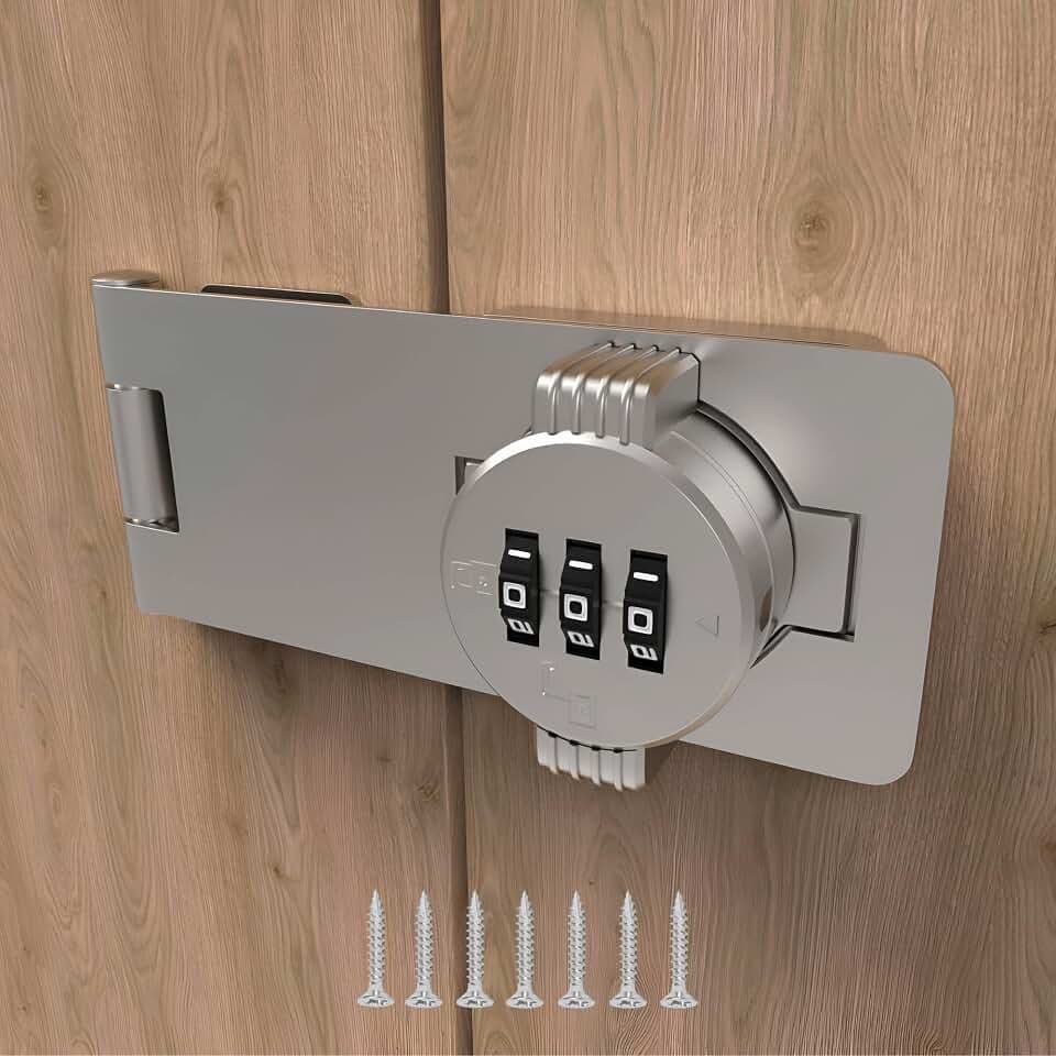 Keyless Combination Lock – 3-Digit Combination Lock for Cabinet Doors – Twist Knob Hasp Latch Lock with Password Code – Zinc Alloy Cabinet Door Latch for Kitchen Drawers, Cabinets, Cupboard (Silver)