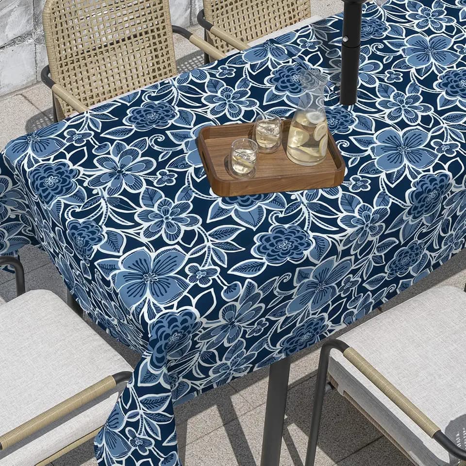 Outdoor Rectangle Tablecloth, 60×84 Inch Water Repellent Picnic Table Cover with Umbrella Hole Zipper for Patio Family Meal, Flower Navy
